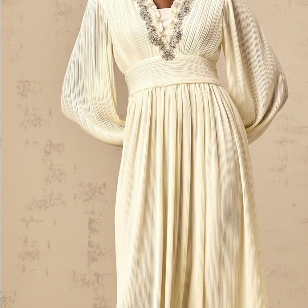 Yana white crystal-trim pleated midi dress